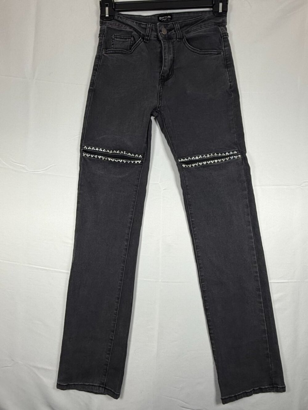 Bebe Bling Slit Rhinestone Jeans Women's Size 0/25 Black with Gray Wash Denim